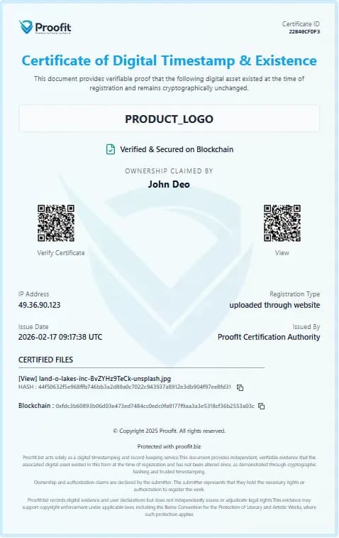 Sample ProofIt Certificate of Digital Timestamp & Existence